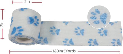 Risen Self Adhesive Bandage Wrap 6 Pack,2”x 5 Yards Medical Tape for Christmas Gifts,Gauze Rolls First Aid Vet Wrap Adherent Bandages for Sports,Dogs Pet (White Paw)