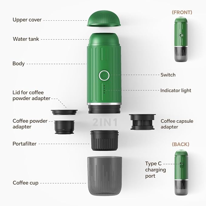BENFUCHEN Portable Espresso Machine For Travel, USB-C Charging, Self-Heating Electric Espresso Maker, 19 Bar Mini Coffee Maker On the Go Camping Espresso Maker For Ground Coffee & NESPRESSOpods, Green