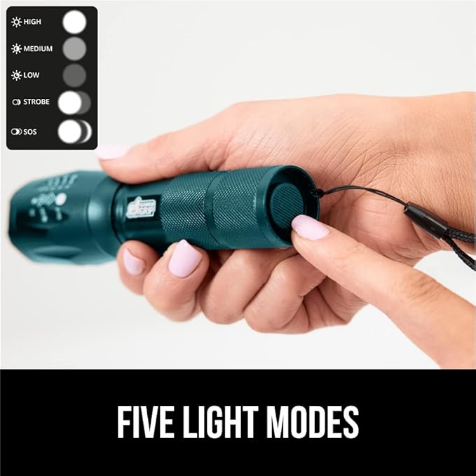 Gorilla Grip Powerful LED 750 FT Water Resistant 5 Adjustable Mode Tactical Flashlight, High Lumens Ultra Bright Battery Zoom Flashlights, Small Camping Car Mini Flash Light Accessories, 2 Pack Teal