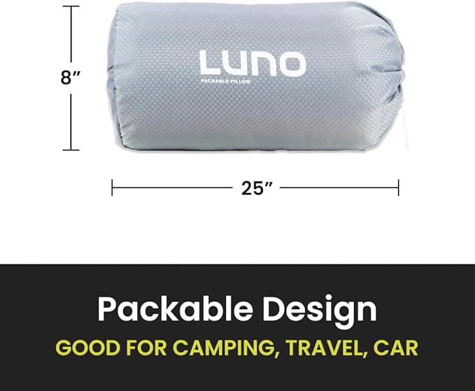 Luno Camping Pillow - Travel Friendly, Packable, Shredded Memory Foam Fill Travel Pillow. Washable Removeable Cover with Dual-Sided Comfort. Designed in The USA.