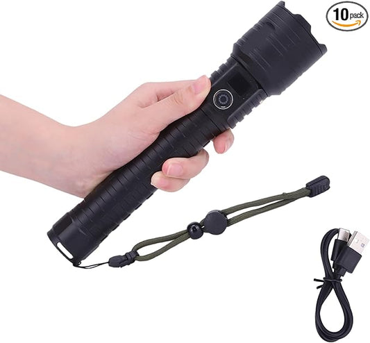 Flashlights High Lumens 12000Lumen Flashlight 5 Modes Power Display IP44 Waterproof, Zoomable High Power Flashlight for Camping Hiking Gift, Flashlights for Emergencies（9.6 * 2）(Battery Free)