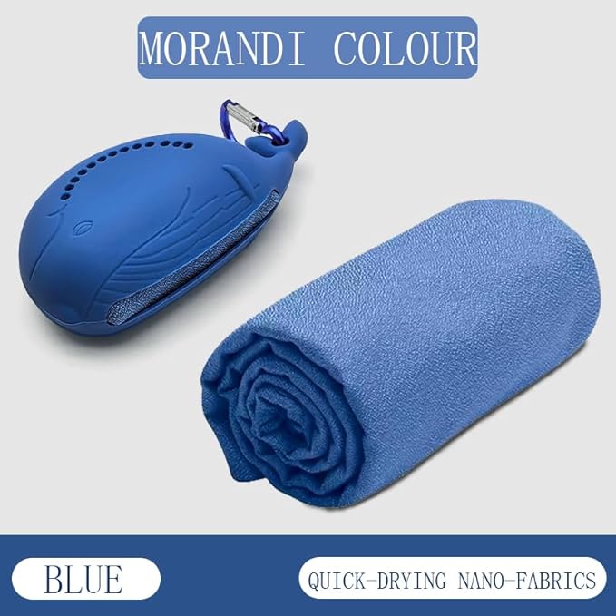 FANCAME Quick Dry Towel with Whale Silicone Sleeve Microfiber Sports Travel Towel Soft Breathable Cooling Towel Absorbent Compact Beach Towels,Suitable for Gym,Camping and Yoga (Blue, 11‘’x 31‘’)