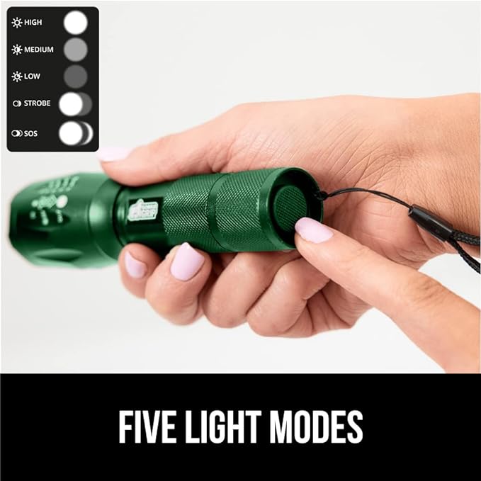 Gorilla Grip Powerful LED 750 FT Water Resistant 5 Adjustable Mode Tactical Flashlight, High Lumens Ultra Bright Battery Life Zoom Flashlights, Small Camping Car Mini Flash Light Accessories, Green