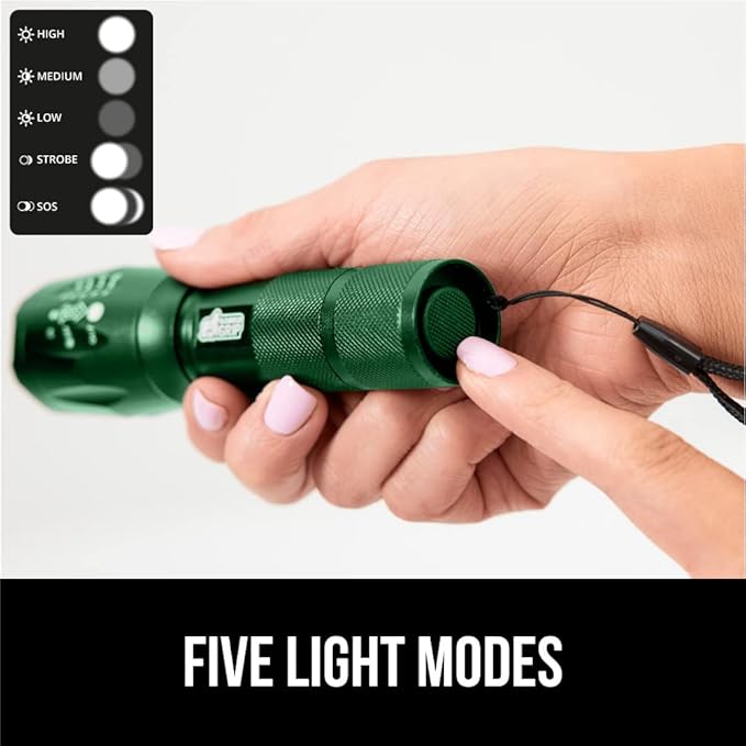 Gorilla Grip Powerful LED 750 FT Water Resistant 5 Adjustable Mode Tactical Flashlight, High Lumens Ultra Bright Battery Zoom Flashlights, Small Camping Car Mini Flash Light Accessories, 2 Pack Green