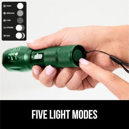 Gorilla Grip Powerful LED 750 FT Water Resistant 5 Adjustable Mode Tactical Flashlight, High Lumens Ultra Bright Battery Zoom Flashlights, Small Camping Car Mini Flash Light Accessories, 2 Pack Green