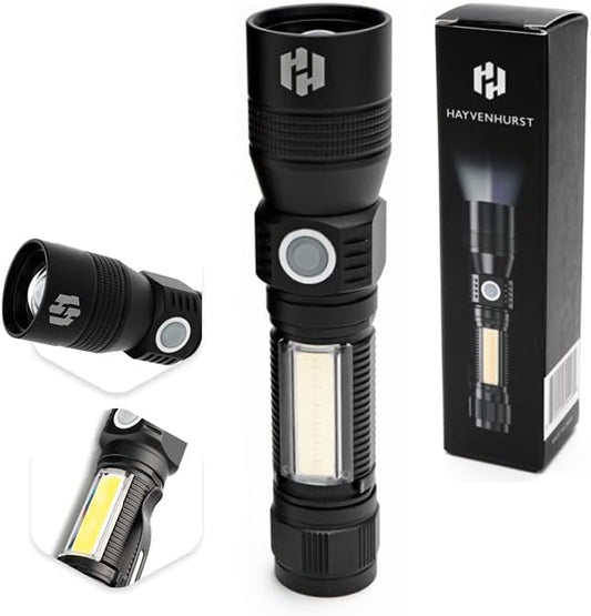 Hayvenhurst LED Flashlight - EDC Flashlight - Tactical Flashlight - 3 in 1 Lightweight, Compact and Rechargeable Pocket Flashlight with Lavish Black Body for Emergency Power Outage