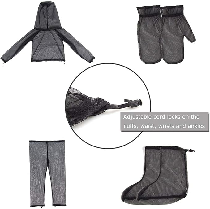 4 Pieces Mosquito Net Suit– Jacket Hood & Pants& Mitts & Socks Sets Light-Weight& Breathable Mesh Clothing for Men & Women, Ideal for Fishing, Hiking, Camping, Farming and Gardening (L/XL)