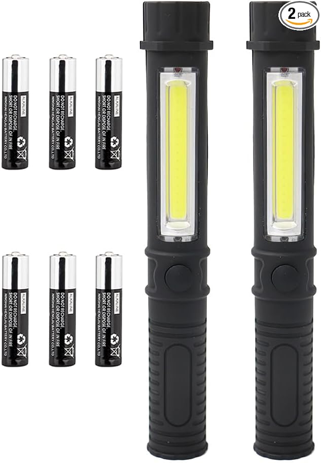 LED Portable Worklight Magnetic Flashlight,Unique Cool Gadget Tool for Men Dad Him Gift Idea,Pocket Battery COB Work Lamp Torch for Automotive,Grill,Camping,Emergency (2 Pack,Black,Batteries Included)