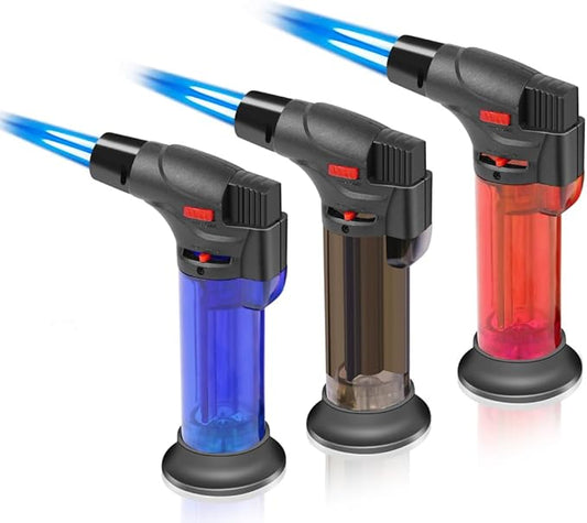 3 Pack Torch Lighters Butane Refillable Lighter double Jet Flame Windproof Torch Lighter Multi Utility Mini Gas Lighter Blow Torch Lighters for Candle Fireplace Camping Grill BBQ (Gas not Included)