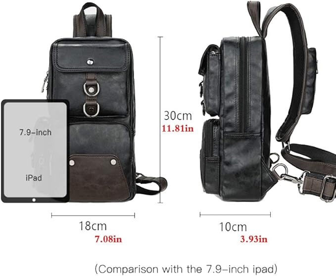 Leather Sling Bag Backpack for Men Women Cross Body Shoulder Chest Pack Outdoor Travel Camping Fishing Hunting Hiking Handbag Crossbody Daypack Black