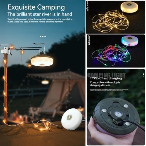 Camping String Light with Camping Lantern and Flashlight,Updated 3-in-1 Portable String Lights,32.8ft/10M Warm White and Colorful,8 Lighting Modes(NO APP),Rechargeable,Waterproof