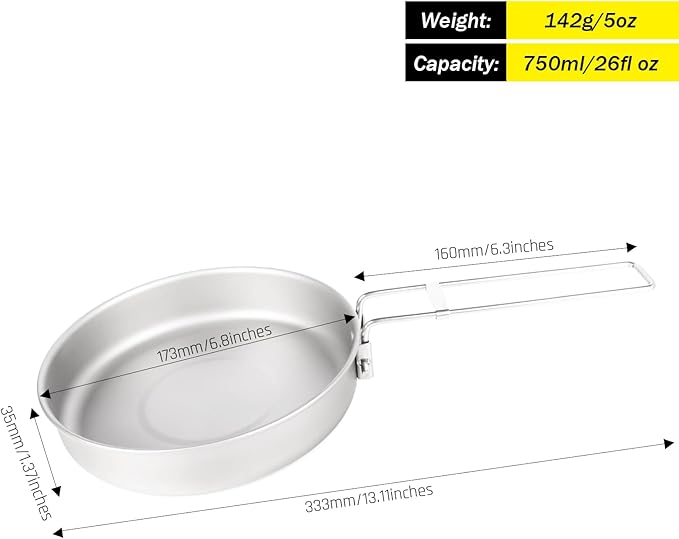 Camping Plate Titanium Pan Dish Plate with Handle & Mesh Bag, Large Reuseable Ultralight Dinner Plate for Camping Outdoors Backpacking (750ML)