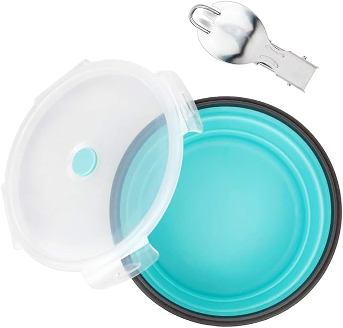 1200ml Collapsible Camping Bowl Silicone Food Storage Container with Lid and Foldable Stainless Steel Fork Spoon, for Picnic, Travel, Camping, RV, Fridge and Microwave Bowls