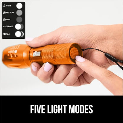 Gorilla Grip Powerful LED 750 FT Water Resistant 5 Adjustable Mode Tactical Flashlight, High Lumens Ultra Bright Battery Zoom Flashlights, Small Camping Car Mini Flash Light Accessories, 2 Pack Orange