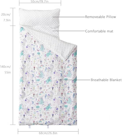 Bunnikins & Clover Toddler Nap Mat with Removable Pillow, Nap Mats for Preschool, Easy Clean Toddler Nap Pad for Kindergarten, Kids Sleeping Bag for Travel Camping