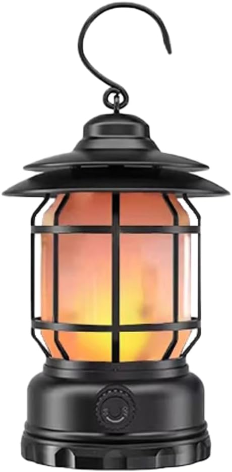 Camping Light, Waterproof Tent Light with Two Lighting Modes, Ambient Light, Ultra Long Lasting Vintage Hand Lamp, Upgraded Flickering Flame, Adjustable Brightness, Large, Black