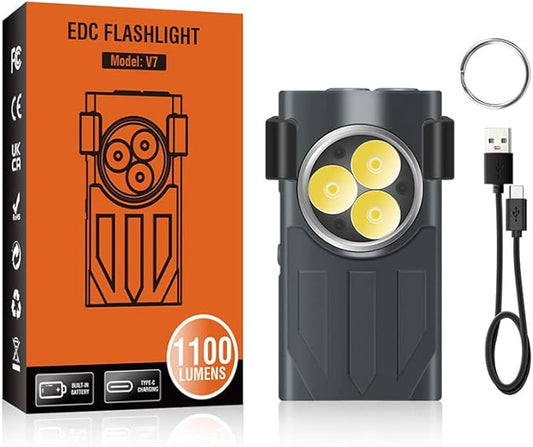 AVNICUD LED Mini Flashlights, 1100 Lumens Small Flashlight with 4 Side LED & Keychain, 5 Modes Rechargable Handheld Pocket Torch with High Lumens for Camping, Outdoor-(Gray)