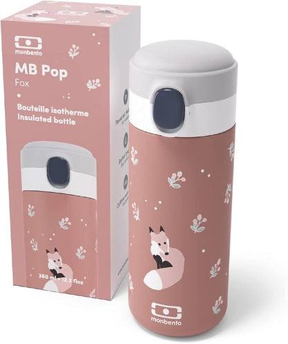 MONBENTO - Insulated Water Bottle MB Pop cinnamon Fox - 11 floz/360ml Leakproof Metal Water Bottle - Keeps Drinks Hot/Cold - Stainless Steel Bottle for Kids & Adult - Sports Cap - BPA Free - Fox