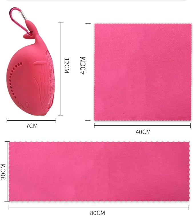 FANCAME Quick Dry Towel with Whale Silicone Sleeve Microfiber Sports Travel Towel Soft Breathable Cooling Towel Absorbent Compact Beach Towels,Suitable for Gym,Camping and Yoga (Rose, 11‘’x 31‘’)