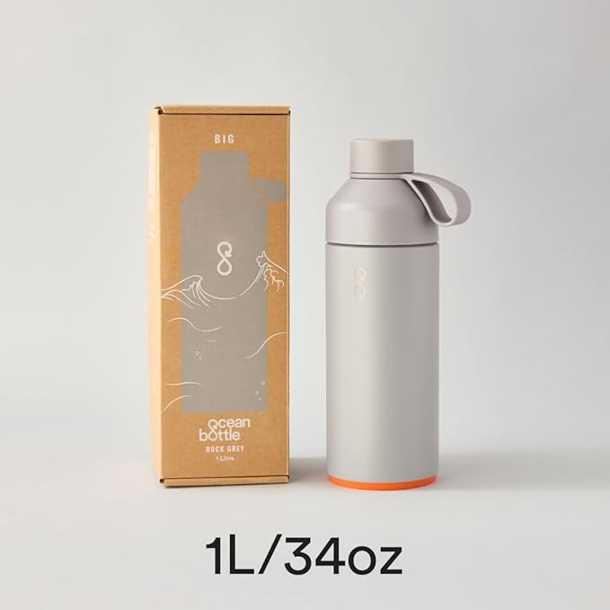 Ocean Bottle - Recycled Stainless Steel Drinks Reusable Water Bottle - Eco-Friendly & Reusable - Rock Grey - 34 oz