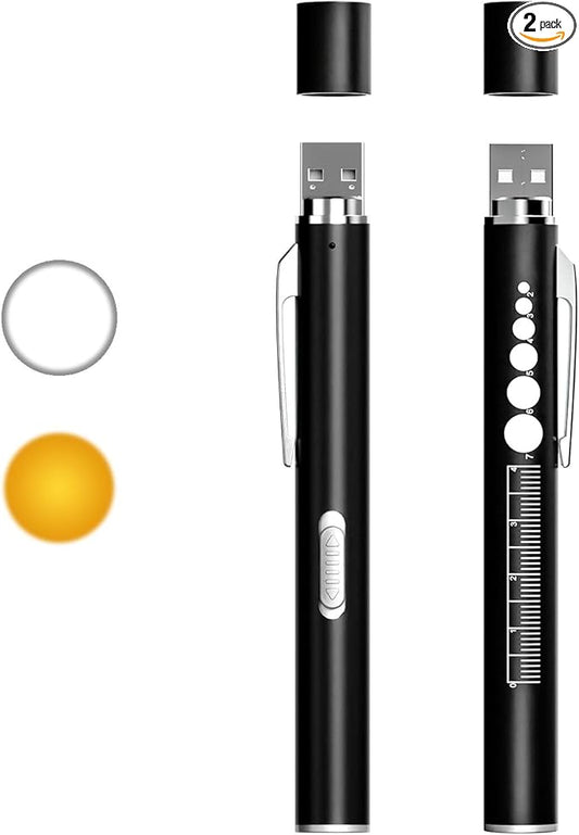 COSOOS 2 Rechargeable Pen Lights with Pupil Gauge & Ruler, Mini LED Penlights for Nurses Doctors, Warm/White Light with Clip, USB Rechargeable Penlight Flashlight Gifts for Nursing Student