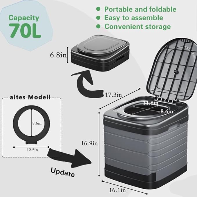 Upgrade XXL Portable Toilet for Adults Camping, 17.3x16.1x16.9 In-Large Portable Foldable Toilet with Lid, Perfect for Camping, Hiking, Fishing, Travel, Long Trips, Beach, RV, Outdoor