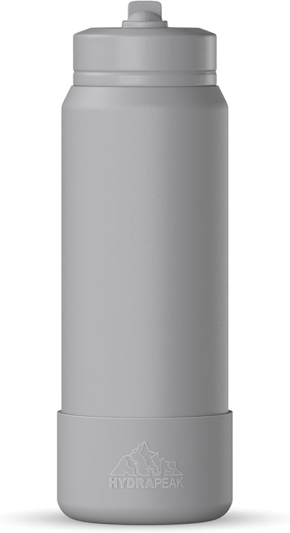 Hydrapeak 26oz Sport Insulated Water Bottle with Straw or Chug Lid, Leak & Spill Proof, Keeps Drinks Cold for 24 Hours, Hot for 12 Hours, Premium Stainless Steel Water Bottles (26oz, Grey)