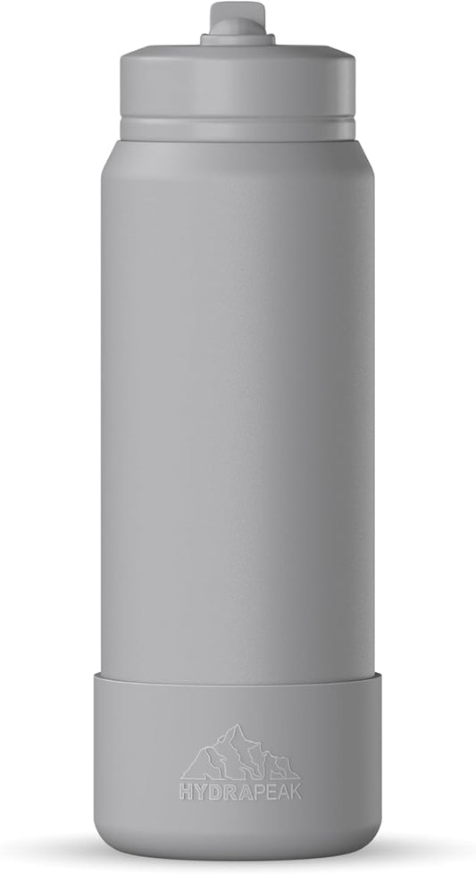 Hydrapeak 26oz Sport Insulated Water Bottle with Straw or Chug Lid, Leak & Spill Proof, Keeps Drinks Cold for 24 Hours, Hot for 12 Hours, Premium Stainless Steel Water Bottles (26oz, Grey)