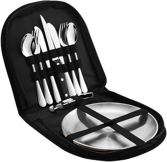 Metal Camping Utensil Set, Camping Silverware Set for 2, Reusable Travel Cutlery Set with Case Include Knife Fork Spoon Dish and Beer Cap Opener 10PCS Set