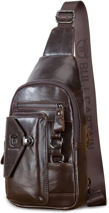 KPYWZER Vintage Genuine Leather Sling Bag Backpack for Men Crossbody with Cellphone Stand Chain Chest Shoulder Crossbody Daypack Coffee
