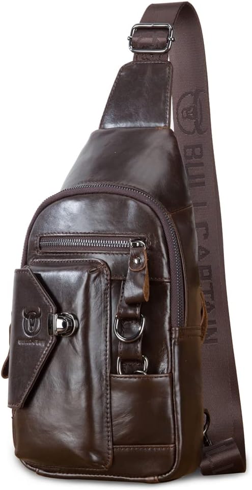 KPYWZER Vintage Genuine Leather Sling Bag Backpack for Men Crossbody with Cellphone Stand Chain Chest Shoulder Crossbody Daypack Coffee