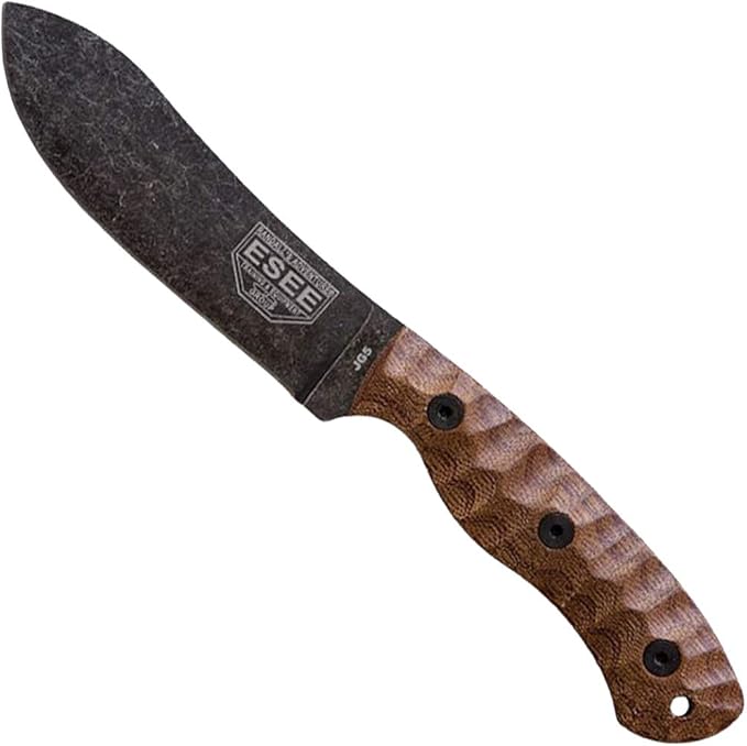 ESEE James Gibson Designed JG5 Nessmuk Fixed Blade Knife w/Sculpted Micarta Handles, Black Oxide Finish, and Brown Leather Pouch Sheath (Brown Sculpted Micarta)