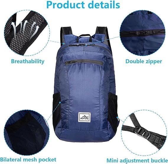 20L Ultra Lightweight Foldable Backpack Small Hiking Rucksack Ultralight Water Resistant Travel Packable Daypack for Men Women for Outdoor Sport Travelling Walking Hiking Camping Biking (Navy blue B)