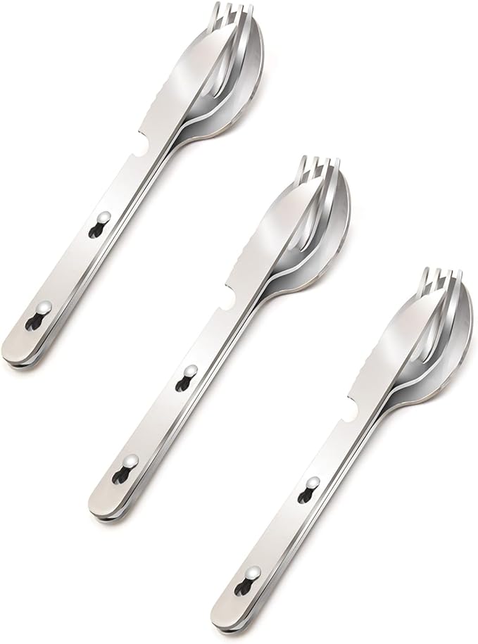 KINLINK 4-in-1 Camping Utensils 3-Pack, Portable Stainless Steel Spoon, Fork, Knife & Bottle Opener Combo Set, Travel/Camping/Hiking/Picnic/Barbecue/Outdoor Backpacking Utensils with Carrying Bag