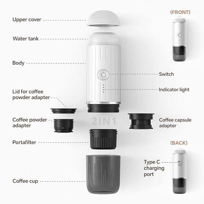 BENFUCHEN Portable Electric Espresso Machine, Self-Heating Mini Electric Espresso Maker For Ground Coffee & NESPRESSOpods, 19 Bar Mini Coffee Maker On the Go For Travel Camping Hiking RV Office, White