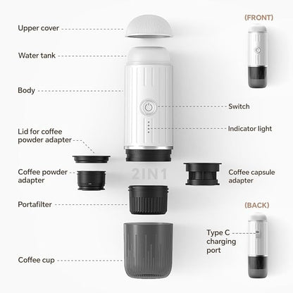 BENFUCHEN Portable Electric Espresso Machine, Self-Heating Mini Electric Espresso Maker For Ground Coffee & NESPRESSOpods, 19 Bar Mini Coffee Maker On the Go For Travel Camping Hiking RV Office, White