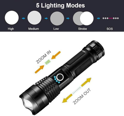 Rechargeable Handheld Flashlight - Super Bright - Zoomable - Adjustable Focus - 5 Modes - High Lumens - Waterproof IPx5 - Tactical for Emergencies, Hiking, Camping, Home & More., Black