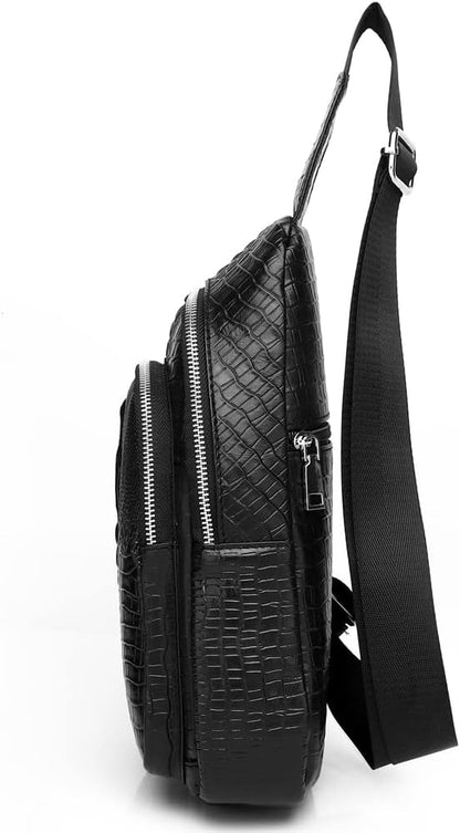 KPYWZER Genuine Leather Sling Bag Backpack for Men Crocodile Embossing Chest Bag Crossbody Shoulder Bag Daypack Black