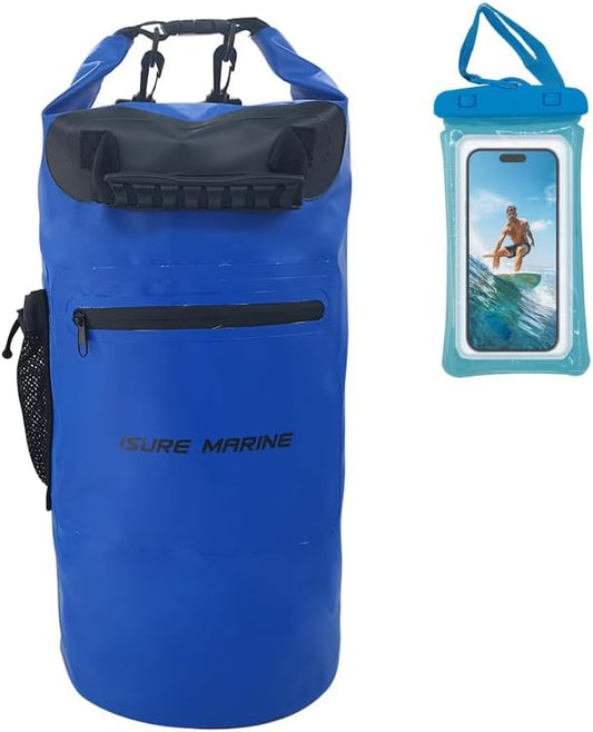 ISURE MARINE Waterproof Dry Bag with Zippered Pocket 20L,Waterproof Phone Case Roll Top Closure Travel Bags for Kayking, Boating, Kayaking, Surfing, Rafting and Fishing, Deck Bags Blue