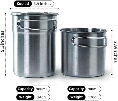 2Pcs Camping Cup Cups and Mugs Stainless Steel Camp Cup Mug Pot big cup 980 ml small cup 700 ml