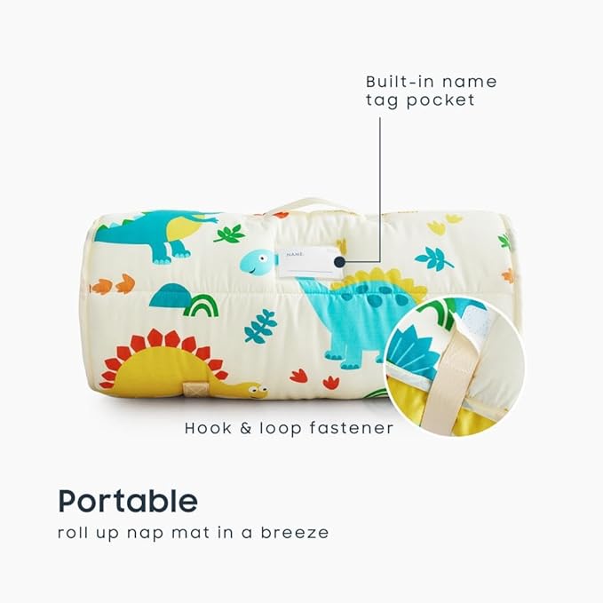 Wake In Cloud - Toddler Nap Mat with Pillow and Blanket, 100% Cotton Fabric, for Kids Boys Girls in Daycare Kindergarten Preschool, Roll Up Sleeping Bag, Dinosaur Cream, Extra Long