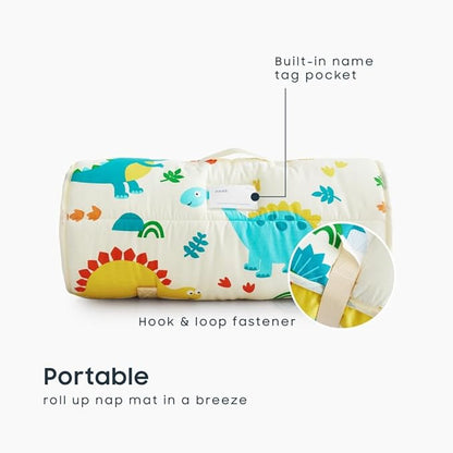 Wake In Cloud - Toddler Nap Mat with Pillow and Blanket, 100% Cotton Fabric, for Kids Boys Girls in Daycare Kindergarten Preschool, Roll Up Sleeping Bag, Dinosaur Cream, Extra Long