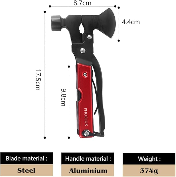 16-IN-1 Camping Multitool (Red) Axe Hammer Survival Gear with Knife, Pliers, Saw, Fish Descaler, Screwdriver, Bottle Can Opener and Nylon Sheath, Good for Outdoor, Camping and Hiking