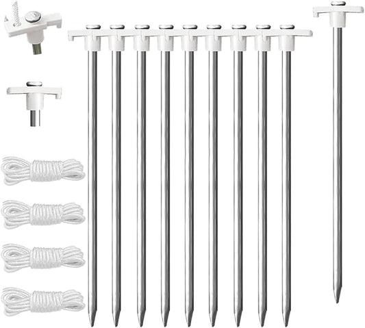 Eurmax USA Galvanized Non-Rust Camping Tent Stakes Canopy Anchors Heavy Duty 10pc-Pack, with 4x10ft Ropes & 1 White Stopper