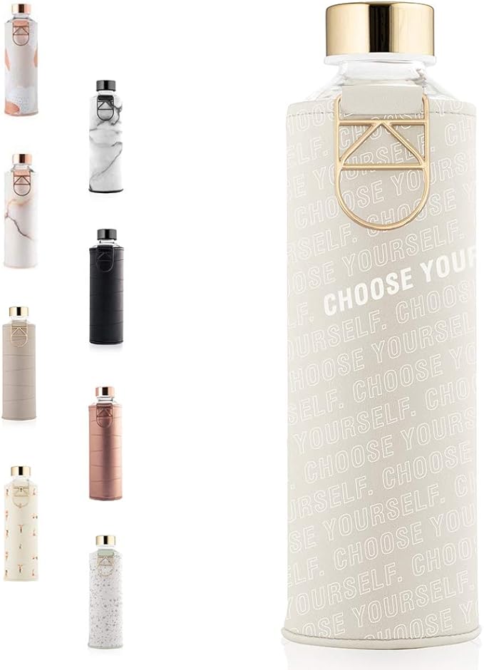 EQUA Glass Water Bottle with Faux Leather Hülle, 750 ml, Leak Proof and BPA Free, 100% Borosilicate Glass