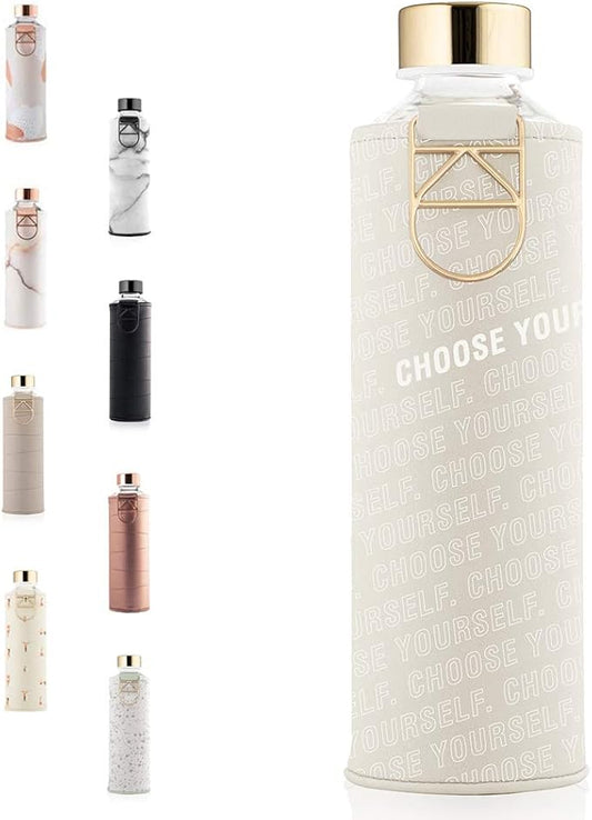 EQUA Glass Water Bottle with Faux Leather Hülle, 750 ml, Leak Proof and BPA Free, 100% Borosilicate Glass