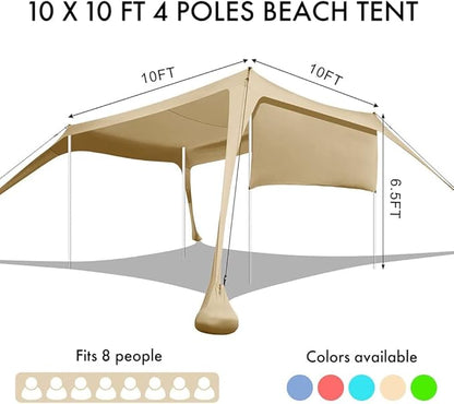 Beach Canopy Tent Shade with Sidewalls 10x10FT, 6.6FT Tall, UPF50+ Sun Shelter, Windproof & Water Resistant, Includes Guylines Sand Shovel Stability Poles, Easy Up for Beach Outdoor Camping Backyard
