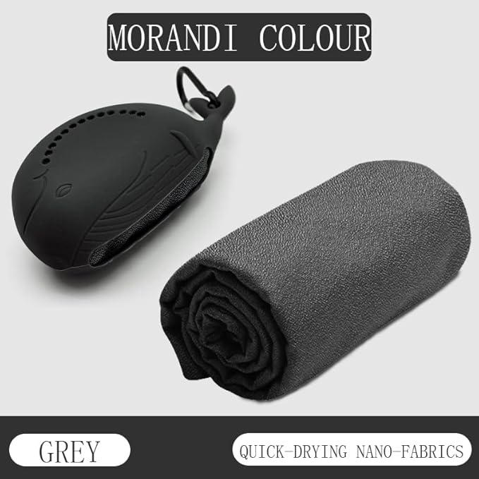 FANCAME Quick Dry Towel with Whale Silicone Sleeve Microfiber Sports Travel Towel Soft Breathable Cooling Towel Absorbent Compact Beach Towels,Suitable for Gym,Camping and Yoga (Grey, 15‘’x 15")