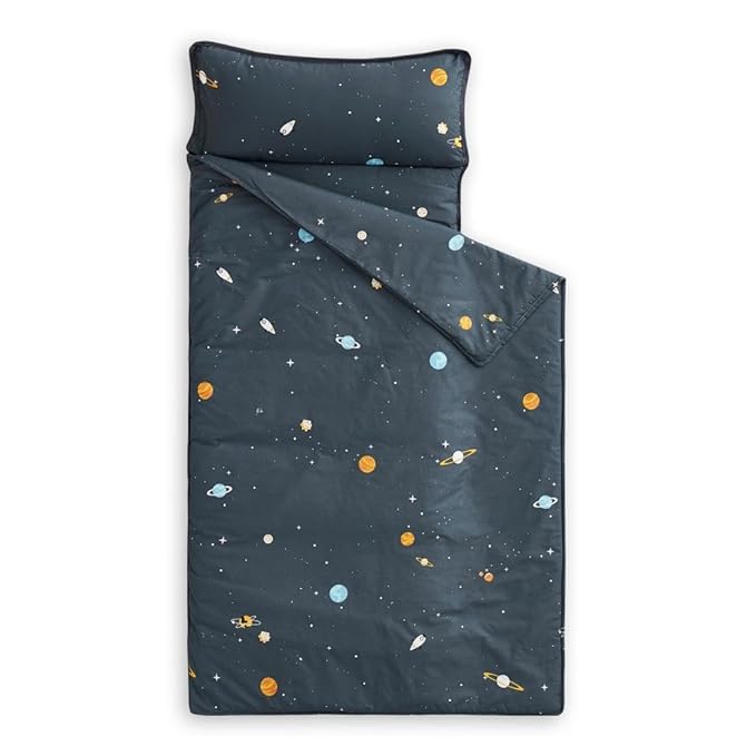 Wake In Cloud - Toddler Nap Mat with Pillow and Blanket, 100% Cotton Fabric, for Kids Boys Girls in Daycare Kindergarten Preschool, Roll Up Sleeping Bag, Gray Spaces, Extra Long