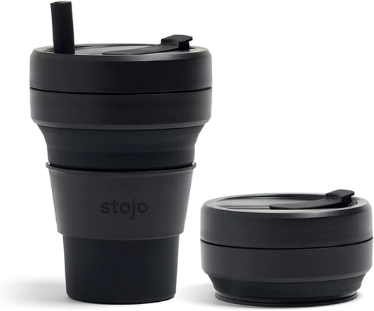 STOJO Titan Collapsible Travel Cup With Straw - Ink Black, 24oz / 710ml - Reusable To-Go Pocket Size Silicone Cup for Hot & Cold Drinks - Camping and Hiking - Microwave & Dishwasher Safe